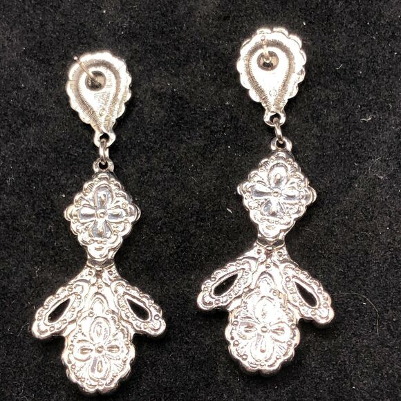 Silver Tone Southwestern Style Dangle Pierced Earrings Coral Turquoise Colored - Picture 3 of 3